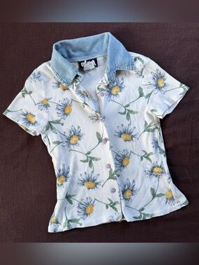 Vintage Y2K Daisy Daisy Floral Printed Ribbed Baby Tee Denim Polo Top XS/S